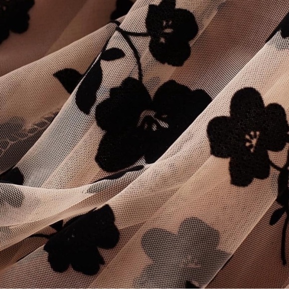 New Floral Print Mesh Lined Overlay Camel Caramel Tan Skirt Midi Maxi Black NWT - Picture 14 of 16